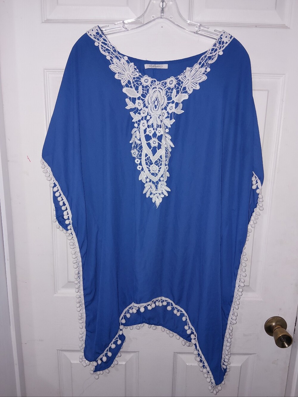 Blue Embroidered V-Neck Poncho Tunic with Pom Trim